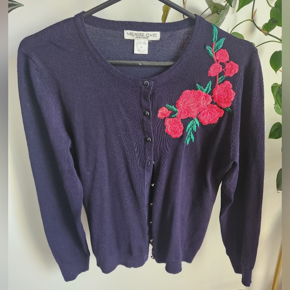 Chic Purple Cardigan with Red Floral Design